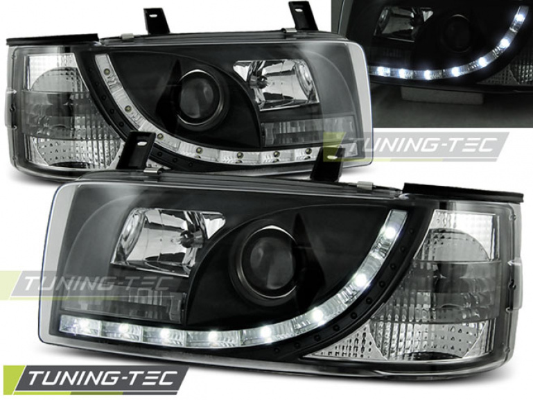 LED Tagfahrlicht Design Scheinwerfer für VW T4 90-03 (kurzer Vorderwagen) schwarz